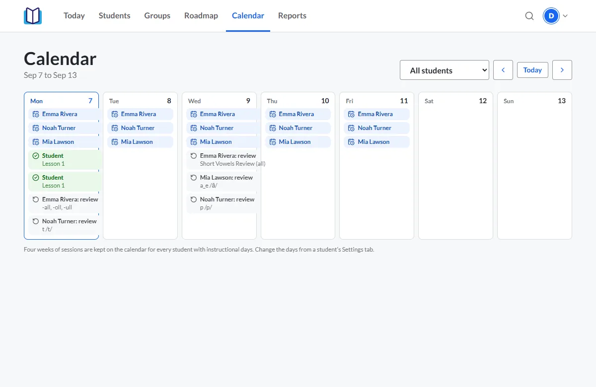 The calendar with sessions and reviews